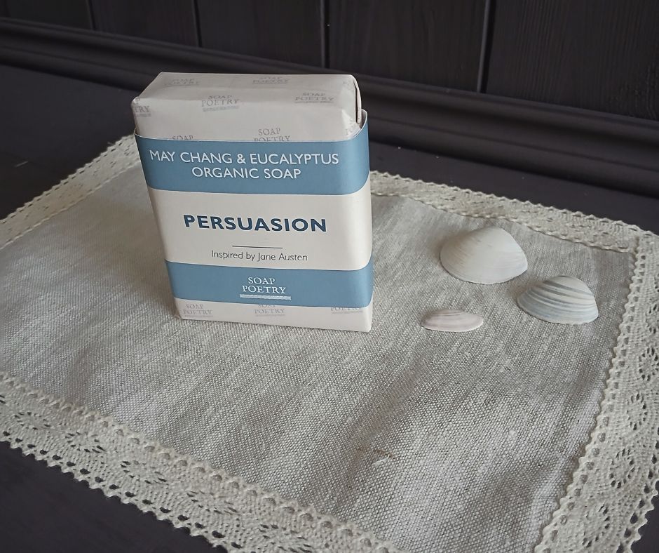 May Chang & Eucalyptus 'PERSUASION' Organic Soap packaging on a textured surface with shells.