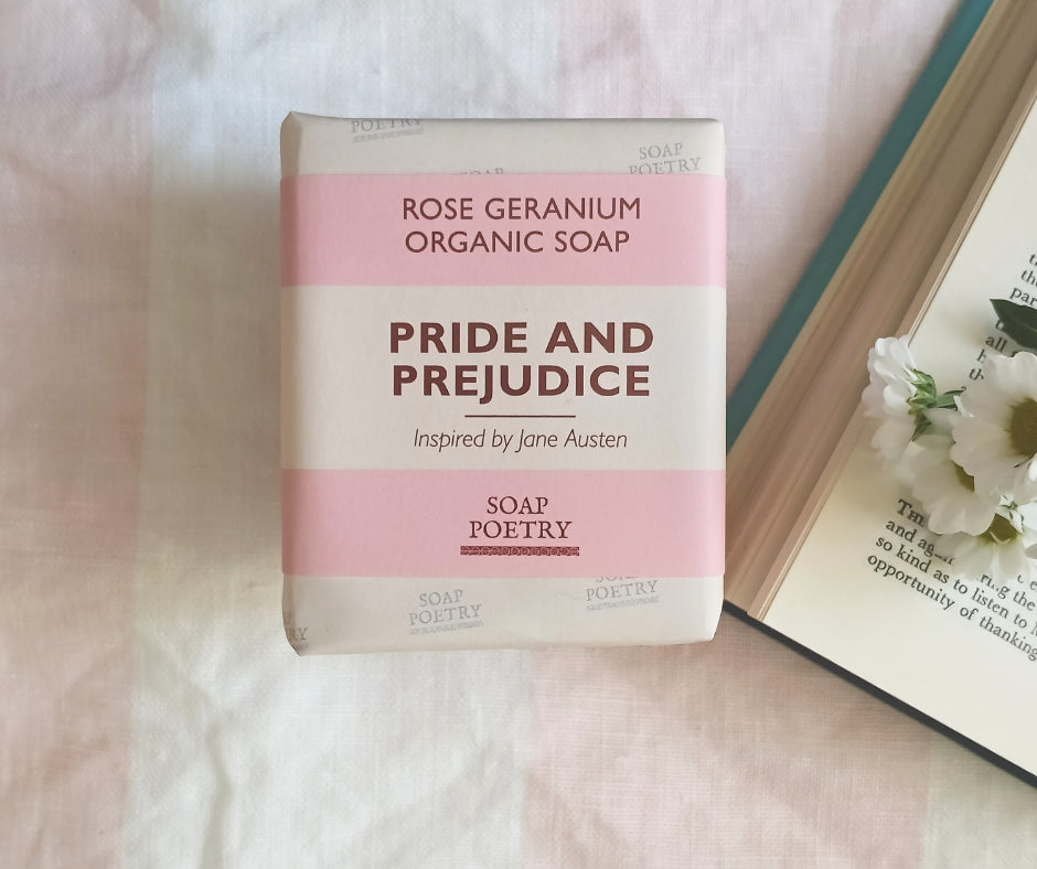 Pride and Prejudice soap on linen with daisies