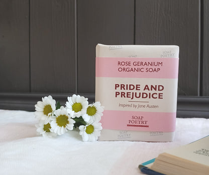 Pride and Prejudice soap on linen with book and daisies